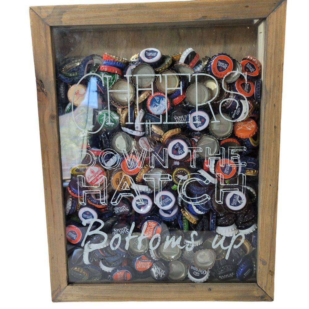 100 + Beer Bottle Caps Breweries In Wood Case Display Cheers Down The Hatch